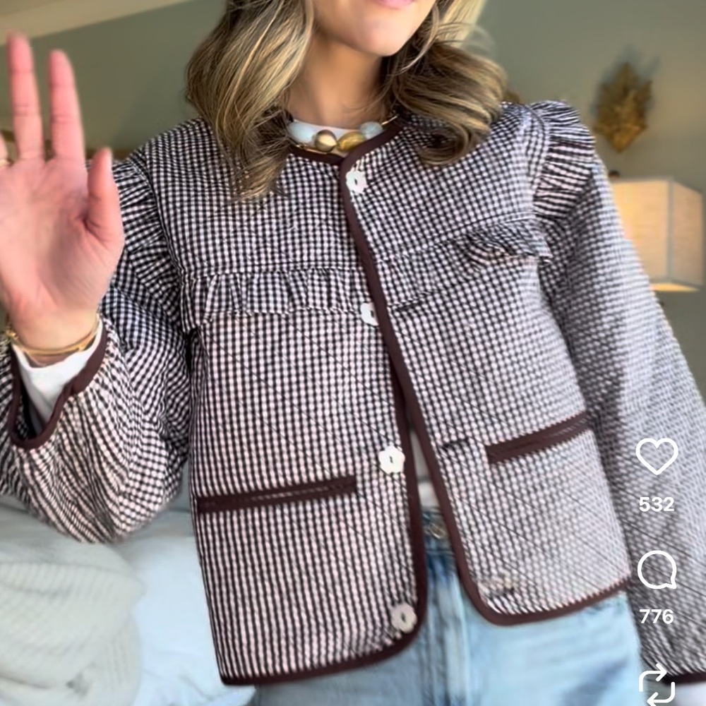 Loeffler Randall Brown and White Checkered Blazer with Brown Trim